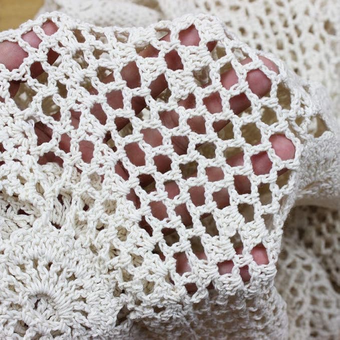KEPSWET Cotton Handmade Crochet Lace Table Runner Beige Rectangle Coffee Table Dresser Decor (14x60 inch)