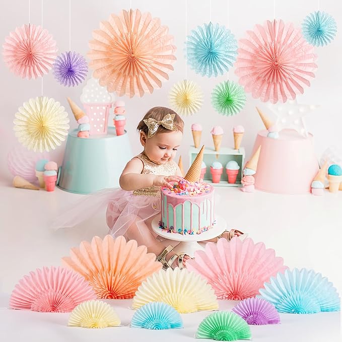 9PCS Huge Pastel Hanging Paper Fans Decoration Macaron Birthday Party Decorations Rainbow Ice Cream Easter Paper Hanging Decor for Bridal Baby Shower Classroom Home Decor