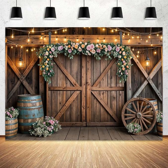 9x6ft Country Wedding Photography Backdrop Rustic Barn Door Photography Backdrop Farmhouse Pink Flower Cabin Wooden Birthday Baby Shower Wedding Bridal Party Banner Photo Booth Props Background