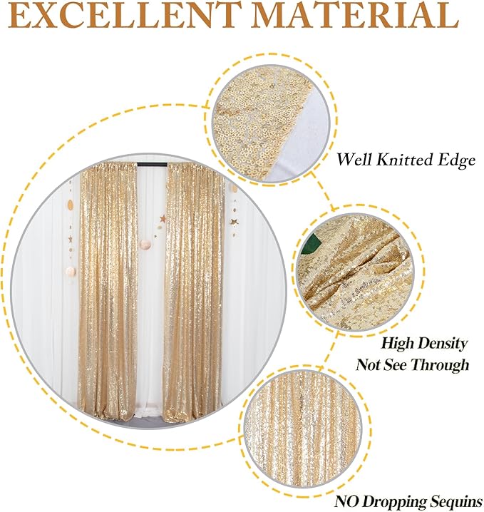 ShinyBeauty Gold Sequin Backdrop Panels 2FTx8FT Sparkly Light Gold Drapes Glitter Photo Booth Backdrop Happy Birthday Graduation(2FTx8FT)