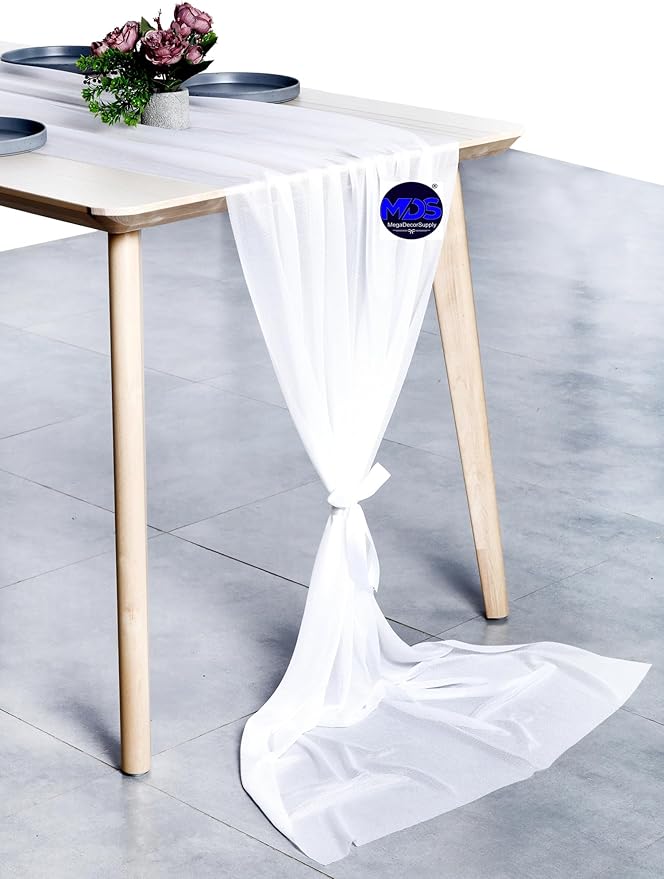 MDS 25 Pack 10ft Chiffon Table Runner 29 x 120 Inches Sheer Wedding Runner Romantic Rustic Table Runner for Wedding Decorations, Birthday Parties, Bridal Shower Party Arch Decor - White