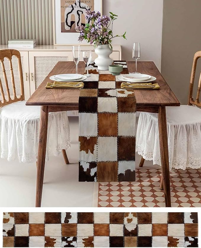 Abstract Cowhides Cotton Linen Table Runner for Dining Kitchen, Wedding Outdoor Party Tablerunners Decoration, Brown Beige Animal Fur Texture Dresser Scarf Coffee Tablecloth Runners 13x72 Inches