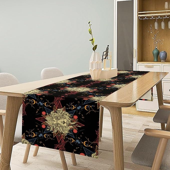 Boho Moon Lion Table Runner, Chinese Fish Phase of The Moon Sun Moon Table Runner for Kitchen Dining Table Home Party,13x90 Inch Black Red