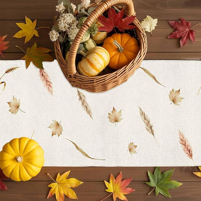 Fall Thanksgiving Cotton Linen Table Runner for Dining Kitchen, Orange Pumpkins Outdoor Party Autumn Tablerunners Decoration, Rustic Wheat Leaves Dresser Scarf Coffee Tablecloth Runners 13x36 Inches