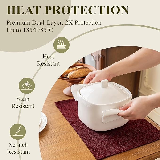 Place Mats Set of 8 in Red, Machine Washable Linen-Look, 12 x 18 Inch