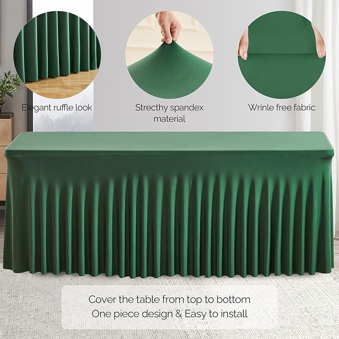 Wish Care 6 Pack Hunter Green Stretch Spandex Table Clothes for 8 Foot Rectangle Tables, 8FT Wrinkle Free Fitted Tablecloths Ruffles Design Table Cover for Party, Banquet, Wedding and Events