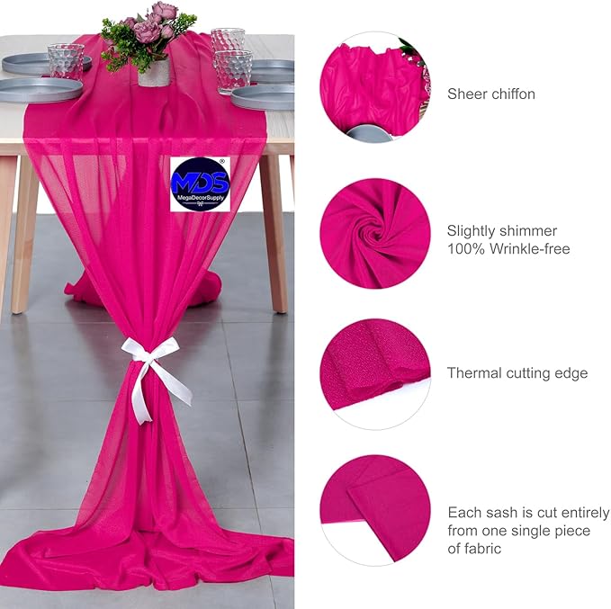 MDS 25 Pack 10ft Chiffon Table Runner 29 x 120 Inches Sheer Wedding Runner Romantic Rustic Table Runner for Wedding Decorations, Birthday Parties, Bridal Shower Party Arch Decor - Hot Pink