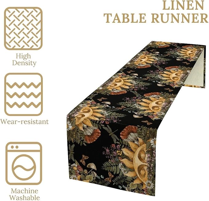 Sun Moon Table Runner, Bohomian Mushroom Daisy Table Gothic Dragonly Butterfly Table Center Decor Table Runner for Indoor Outdoor Party Kitchen Dinner Black, 13x70 Inch