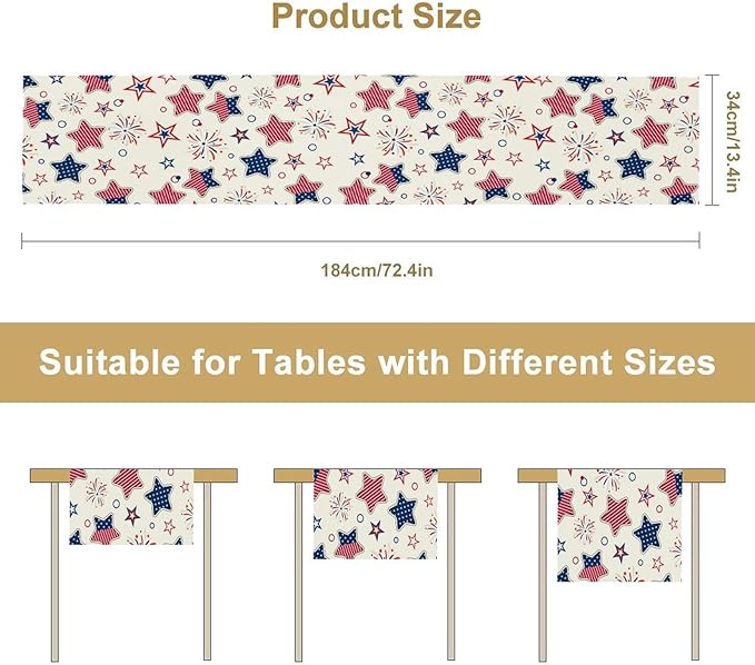 4th of July Table Runner, American Patriotic Independence Day Red Blue White Stars Stripes Fireworks Print Table Runner for Home Party Decor Kitchen Dining Table, 13x70inch