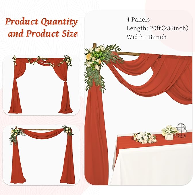 8 Panels Wedding Arch Draping Fabric 28" x 20Ft Wedding Arch Drapes Chiffon Fabric Drape Sheer Backdrop Curtain for Weddings Party Ceremony Birthday Arbor Drapery Reception Ceiling Décor(Terracotta)