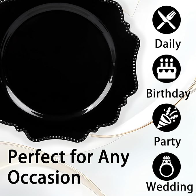 Black Disposable Plastic Dinner Plates, 9.5 Inch, 100 Count