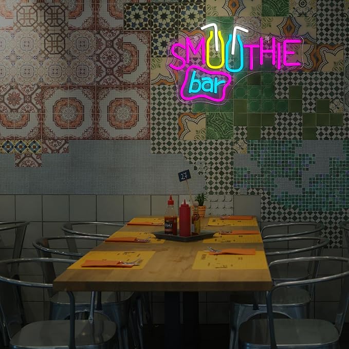 Looklight Smoothie Bar Neon Sign,Words Neon Signs for Wall Decor,Pink Letter Dimmable LED Neon Light Bar Sign,USB Light Up Signs for Store Beverage Cool Smoothie Bar Shop