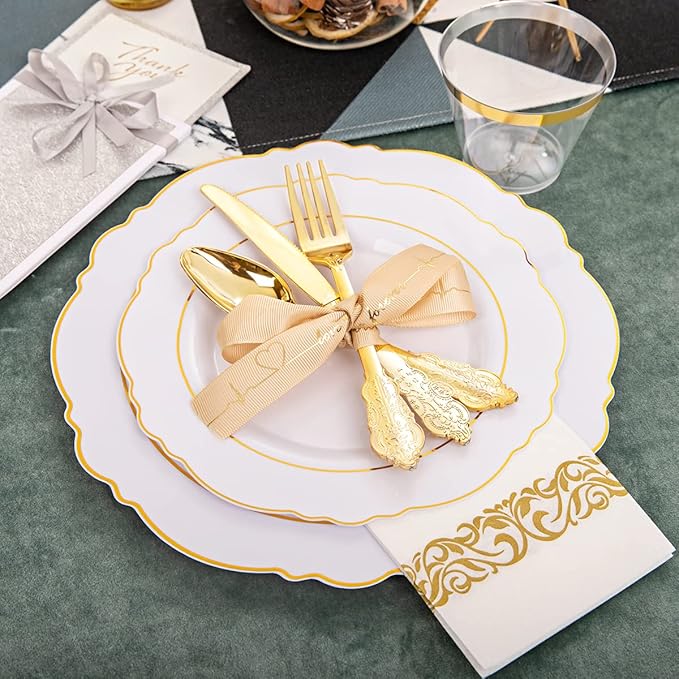 WDF 200 Pieces Gold Plastic Silverware Disposable - 50 Guests Heavy Duty Thanksgiving Gold Plastic Cutlery - Disposable Utensils Includes 100 Forks, 50 Spoons, 50 Knives Perfect for Party/Weeding