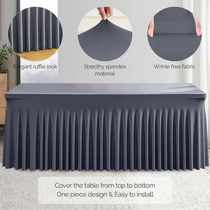Wish Care 6 Pack Gray Spandex Table Clothes for 6 Foot Rectangle Tables, 6FT Wrinkle Free Fitted Tablecloths Ruffles Design Table Cover for Party, Banquet, Wedding and Events