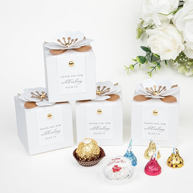 Gift Boxes 20 Pack White Candy Favor Boxes with Floral Decor and Tags