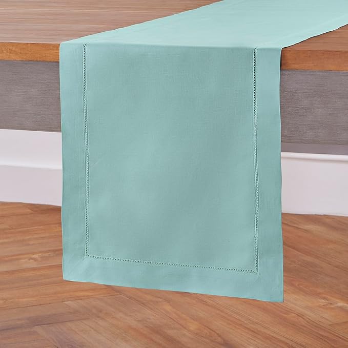 Solino Home Cotton Linen Table Runner 108 Inches Long - Hemstitch Pastel Turquoise Dining Table Runner 14 x 108 Inch