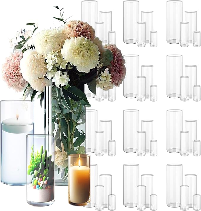Cylinder Vases Set of 48 in 4 Sizes, Clear Glass for Centerpieces