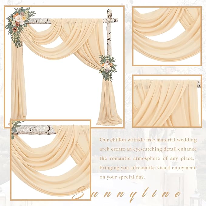 Wedding Arch Draping Fabric, 4 Champagne Chiffon Panels, 20 Ft Long