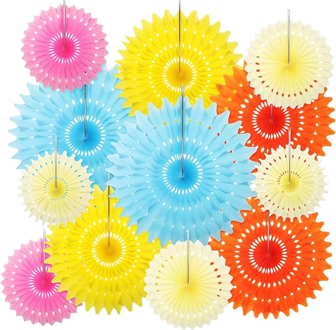 Outus 12 Pcs Hanging Honeycomb Paper Fans Sets, Fiesta Pastel Party Decorations, Tissue Paper Flowers Supplies for Birthday Wall Classroom Wedding Bridal Photo Backdrop (16/14/8/6 Inch)