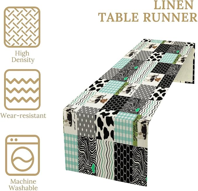 Cute Cow Print Table Runner,Farm Animals Honeycomb Plaid Stripes Cowhide Pattern Tablecloth Burlap for Hotel Indoors Outdoor Dining Room Kitchen Table Decor, 13x70in