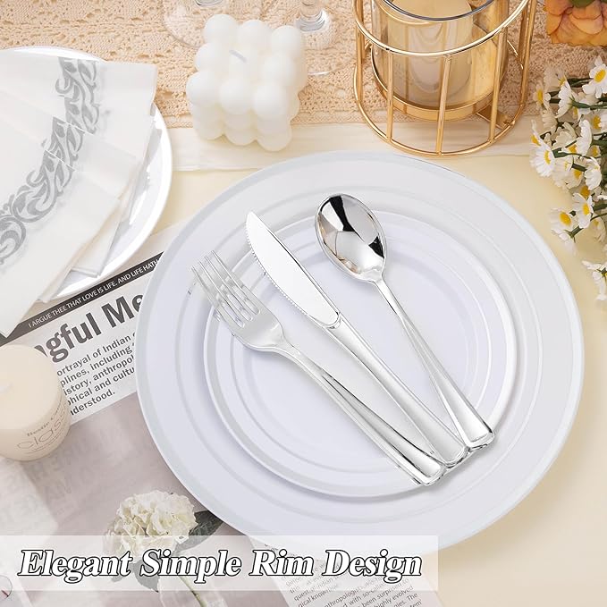 100PCS Silver Plastic Plates Set, 50 10.25 inch Dinner Plate and 50 7.5 inch Dessert Plates, Premium Disposable Plates for Party, Wedding