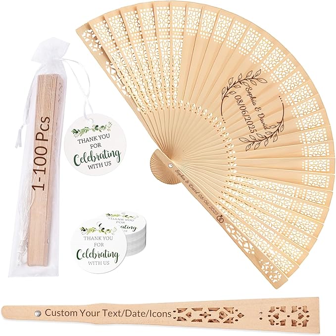 100Pcs Personalized Folding Hand Fans Custom Engraved Summer Wedding Fan,Personalized Wooden Fans Party Favor Bridal Shower Gifts for Guests