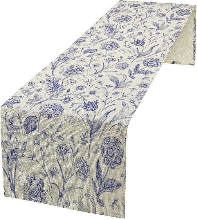 Monochrome Sketch Flowers Table Runner, Seasonal Spring Fall Plants Blue Florals Dinner Runner for Home Kitchen Dining Table Party Holiday Decoration 13"x108"