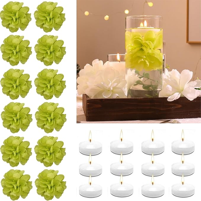 Vase Fillers: 12 Green Floating Flowers and 12 White Floating Candles