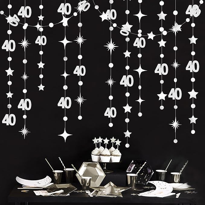 Silver 40th Birthday Decorations Number 40 Circle Dot Twinkle Star Garland Metallic Streamer Banner Backdrop for Women Mens Cheers to 40 Years 40 and Fabulous Happy 40th Anniversary Party Supplies