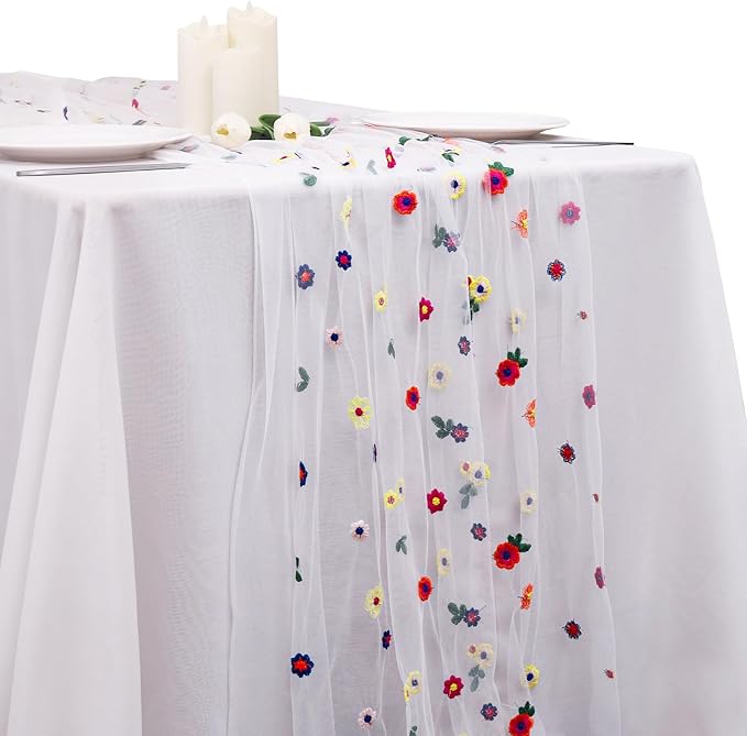 BINBE 1pcs Ivory Daisy Fall Table Runner Embroidery Gauze 10FT Florals Seasonal Tulle Holiday Birthday Kitchen Dining Table Decor for Home Party
