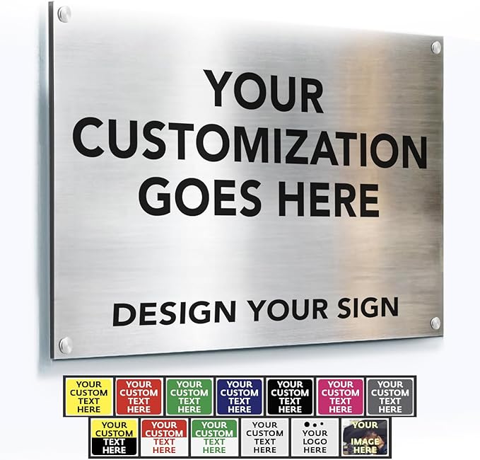 Custom Outdoor Aluminum Signs, Personalized Business Signs, Waterproof Silver Brushed Metal 12x8 In