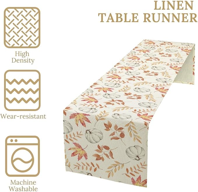 Pumpkin Leaves Table Runner,Seasonal Autumn Thanksgiving Kitchen Dining Table Decoration for Home Party Decor 13x60 Inch