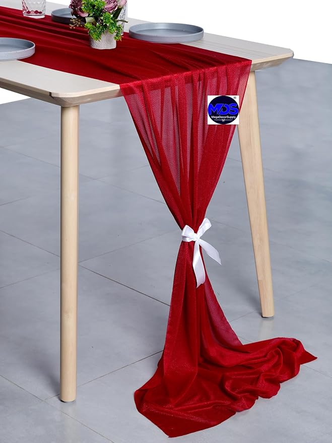 MDS 15 Pack 10ft Chiffon Table Runner 29 x 120 Inches Sheer Wedding Runner Romantic Rustic Table Runner for Wedding Decorations, Birthday Parties, Bridal Shower Party Arch Decor - Apple red