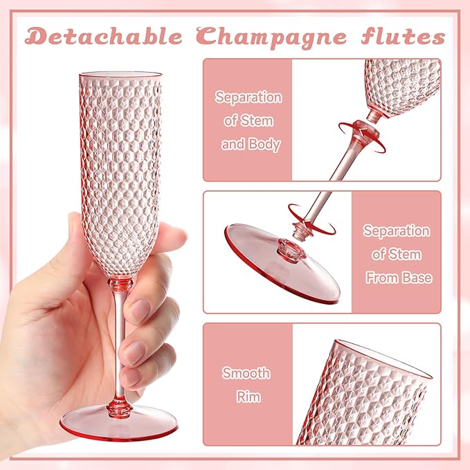 Champagne Glasses 24 Pack Pink Detachable Plastic Flutes 5.5 Oz