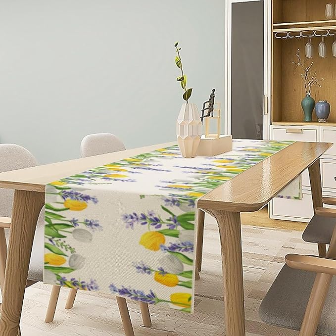 Floral Tulip Lavender Table Runner, Spring Watercolor Flower Plants Nature Butterfly Table Runner for Kitchen Dinner Living Room Home Party, 13x36 Inch