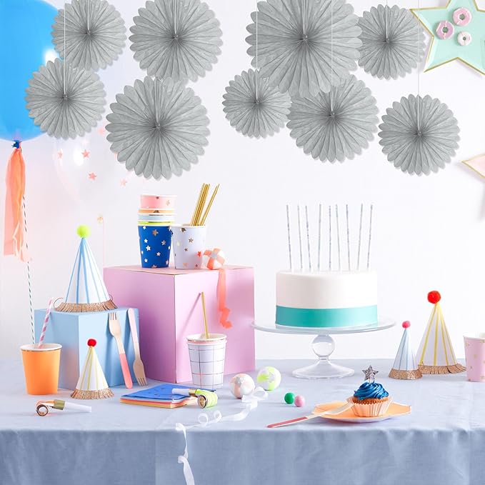 20 Pcs Silver Gray Hanging Paper Fan, Round Paper Fans Decorations Set for Weddings, Birthdays, Engagement, Bridal Shower, Baby Shower Event, Graduation, Party Supplies Decor