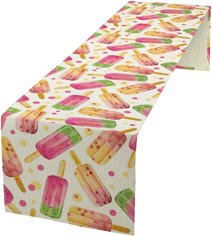 Ice Cream Popsicles Table Runner, Watercolor Summer Seasonal Fruit Peach Kiwi Berry Popsicles Orange Pink Sweet Dessert Dinner Runner for Party Holiday Home Kitchen Dining Table Decor 13"x60"