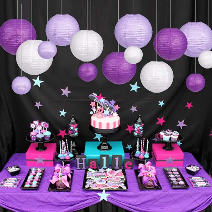 Paper Lanterns, 15 Piece Purple Lavender and White Rice Paper Set