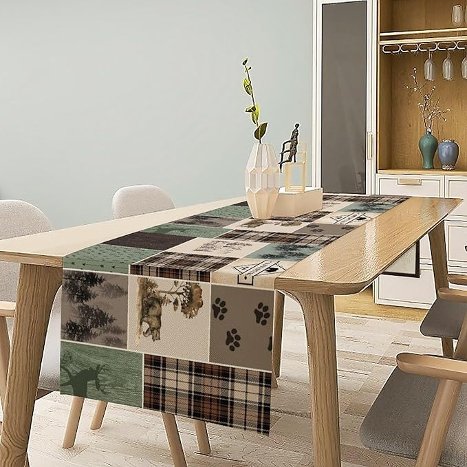 Bear Deer Table Runner,Rustic Lodge Retro Country Farmhouse Buffalo Plaid Print Tablecloth Burlap for Hotel Indoors Outdoor Dining Room Kitchen Home Decor,W13X L108 in