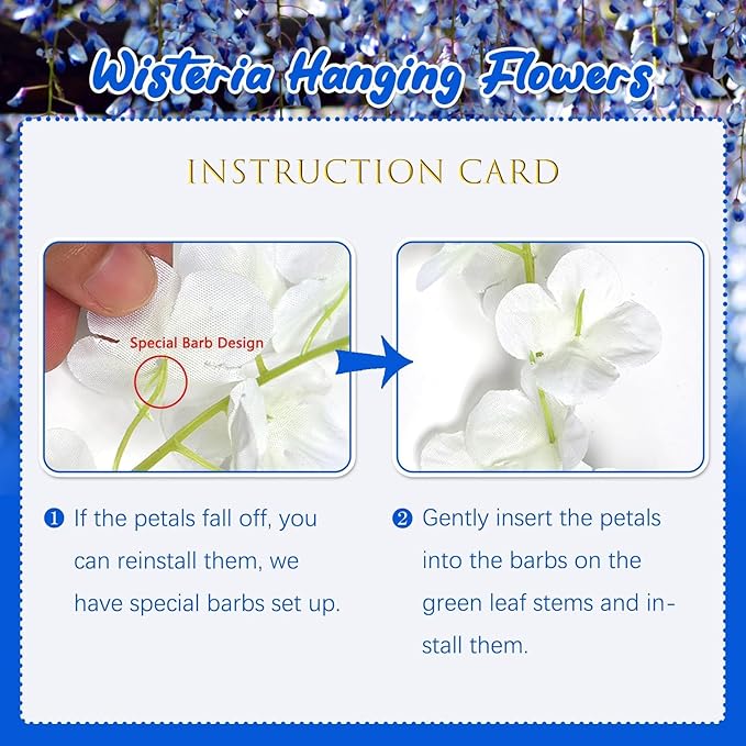 24 Pack Royal Blue Wisteria Hanging Flowers, 3.4 Ft Fake Hanging Flowers, Artificial Wisteria Garland Vines for Wedding Room Backdrop Outdoor Patio Garden Decoration