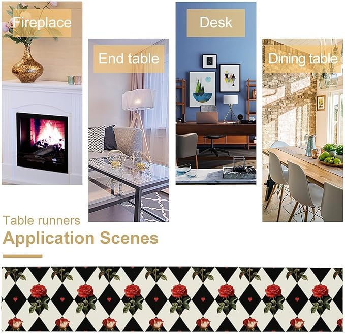Vintage Rose Table Runner, Red Rose Hearts Black White Checkered Background Table Runner for Kitchen Dinning Table Runner Decor Home Wedding Party Holiday, 13x60 Inch