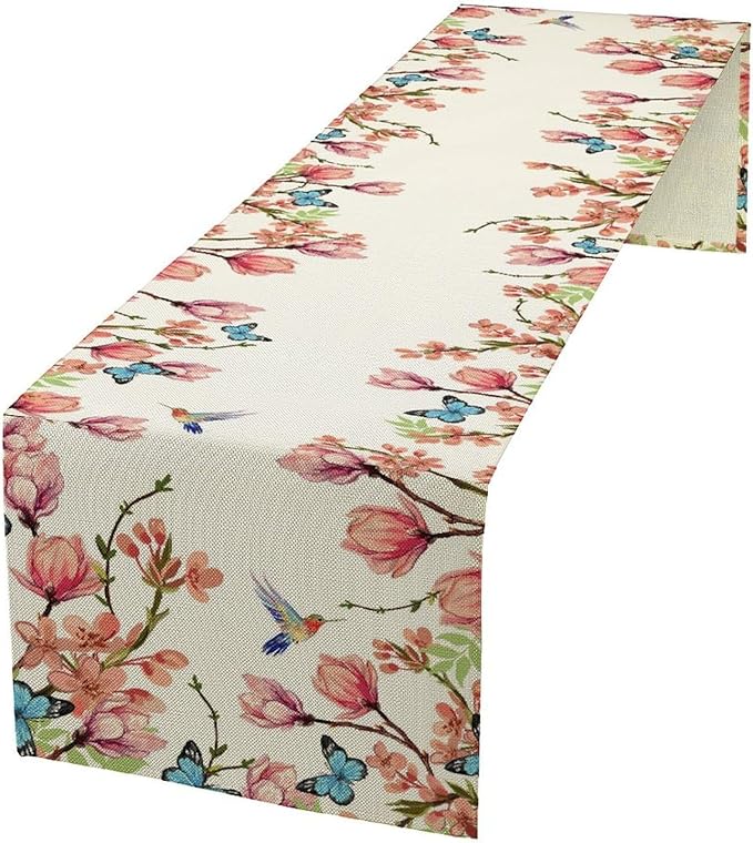 Spring Floral Bird Table Runner, Watercolor Pink Flower Plants Nature Butterfly Table Runner for Kitchen Dinner Living Room Home Party, 13x60 Inch