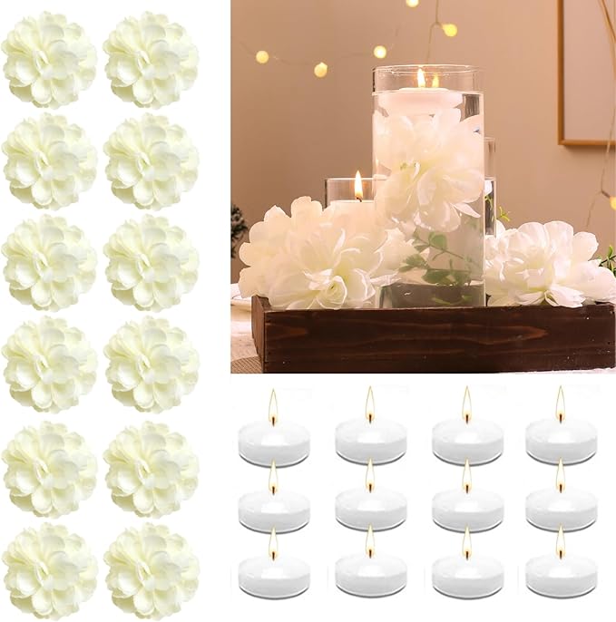 Vase Fillers with 12 White Floating Candles and 12 Artificial Flowers