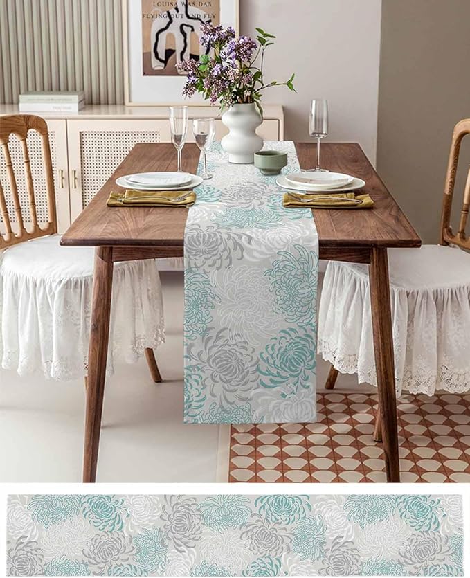 Auqa Chrysanthemum Cotton Linen Table Runner for Dining Kitchen, Wedding Outdoor Party Tablerunners Decoration, Farmhouse Floral Botanical Leaves Dresser Scarf Coffee Tablecloth Runners 13x108 Inches