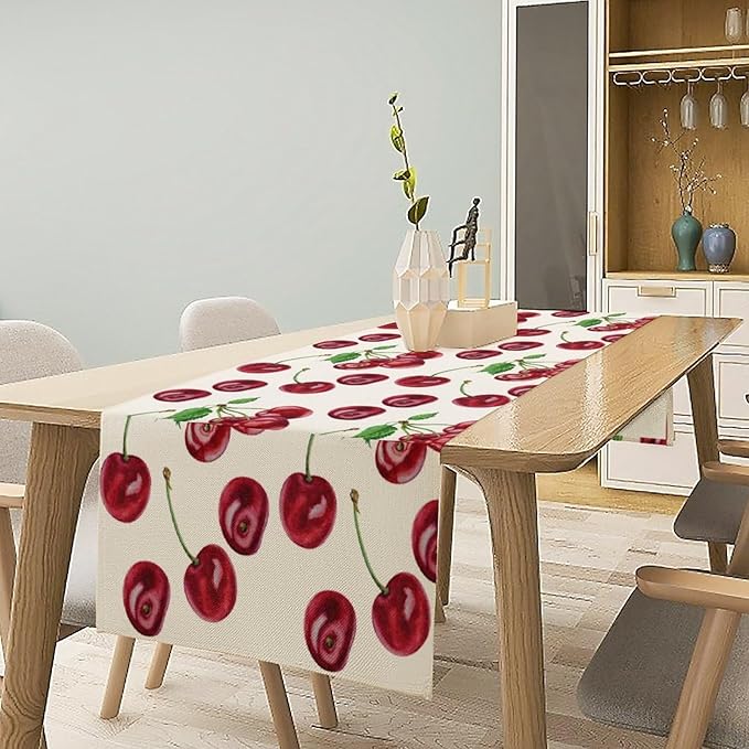 Red Cherry Table Runner Watercolor Tropical Fruit Spring Summer Wild Berry Dinner Runner for Girl Baby Shower Party Holiday Home Kitchen Dining Table Decor 13x108