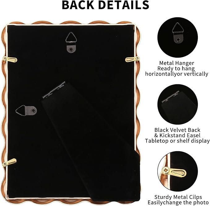 8 x 10'' Heavy-Duty Zinc Alloy Gold Photo Frames with Acid Free Mat for 5x7'',Wave Design Gold Picture Frame 8x10'' with Black Velvet Back