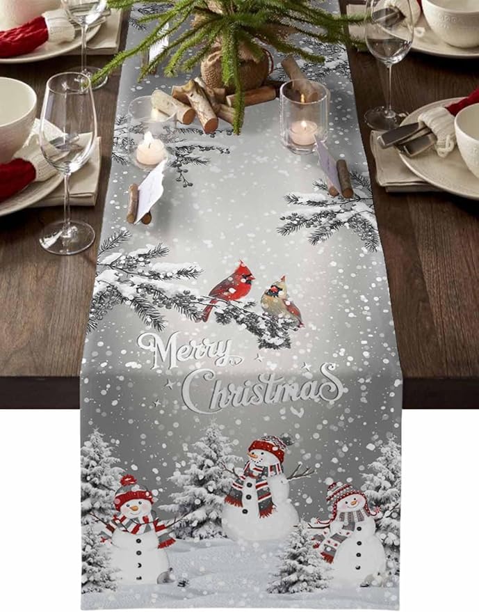 Christmas Snowman Cotton Linen Table Runner for Dining Kitchen, Snowflakes Xmas Pine Tree Wedding Outdoor Party Tablerunner Decoration Winter Bird Dresser Scarf Coffee Tablecloth Runners 13x90 Inches