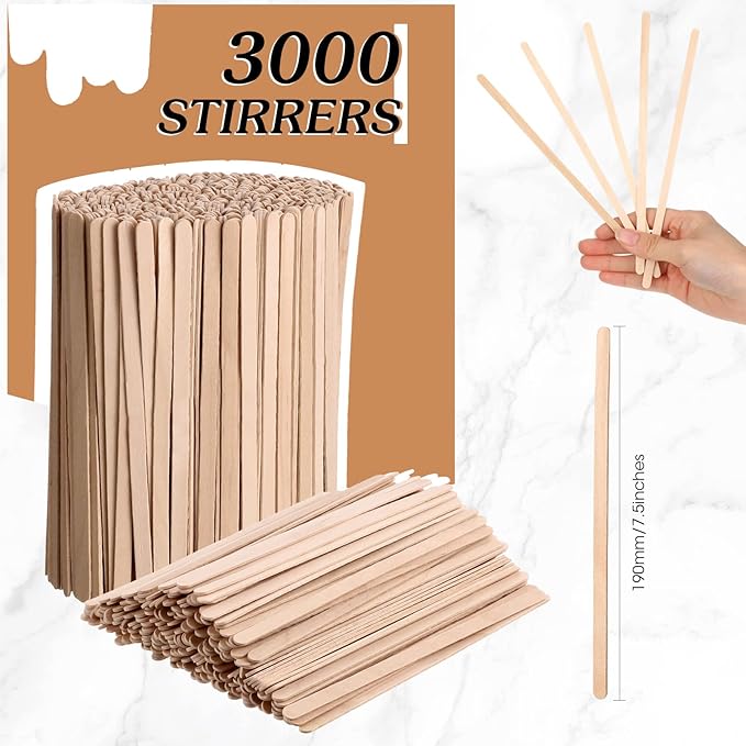 Drink Stirrers: 3000 Count Birch Wood Sticks, 7.5 Inch Disposable