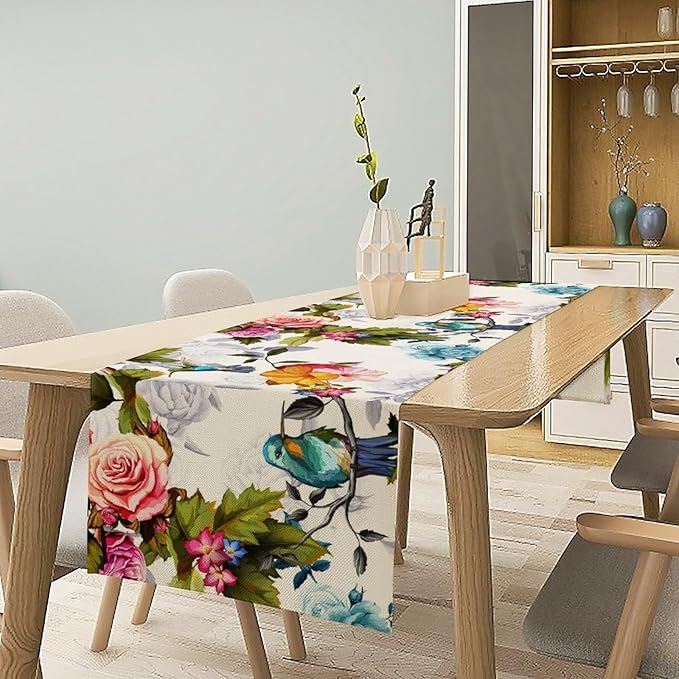 Hummingbird Table Runner,Vintage Floral Country Style Table Cloth Home Kitchen Restaurant Party Decoration 13x36 Inch