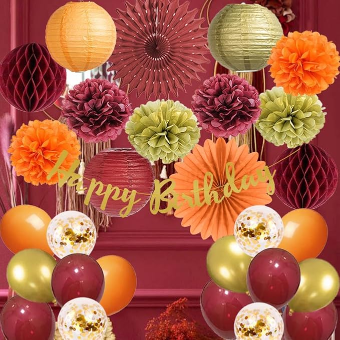Tissue Pom Poms for Fall Birthday Party, Burgundy Orange and Gold Decor Set